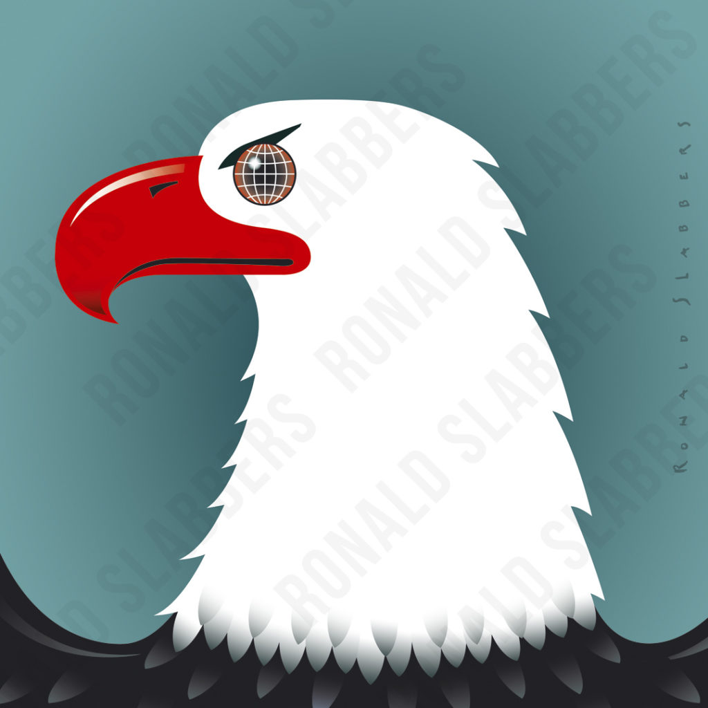 Illustratie van de Amerikaanse adelaar, het oog van de Amerikaanse adelaar bespiedt de wereld