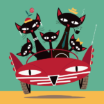 A vintage black cat family in their vintage car